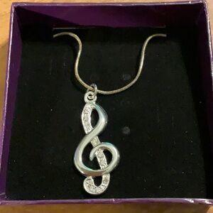 NWT Silver Treble Clef Necklace with Rhinestones